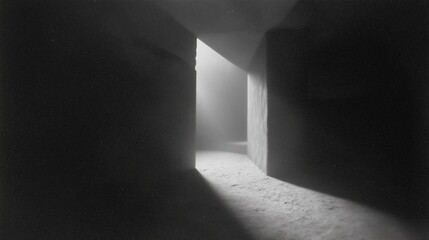 Light enters through an opening in a dark corridor in an ancient structure at dusk