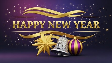 Happy new year greeting with golden ribbon and festive ornaments on a sparkling purple background
