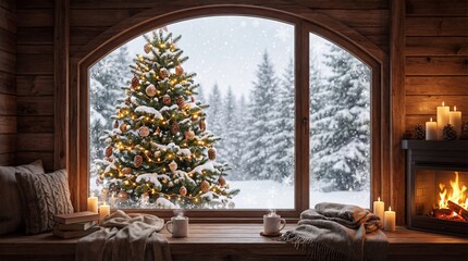 Obraz premium Cozy winter scene with a decorated Christmas tree outside a large window in a rustic wooden cabin