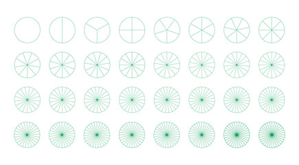 Segmented charts from 1 to 32 collection. Set of pie, pizza charts templates. Many number of sectors divide the circle on equal parts. Outline green graphics icon. Segments infographic. Diagram wheels