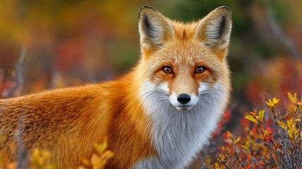 Majestic red fox standing alert in vibrant autumn landscape, showcasing rich orange fur and piercing gaze amidst colorful fall foliage and blurred background