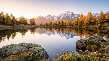 Serene mountain lake reflecting snow-capped peaks and autumn trees at sunrise