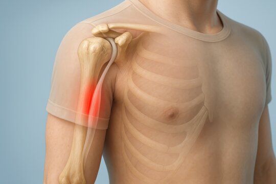 3D medical anatomical close-up of shoulder and upper arm showing inflamed long head biceps tendon highlighted in red within bicipital groove, clinical visualization localized tendon irritation