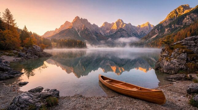 Serene mountain lake at sunrise with misty reflections and a wooden canoe on the shore - Powered by Adobe