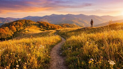 A solitary figure stands on a dirt path surrounded by golden wildflowers and rolling hills at sunset in the mountains