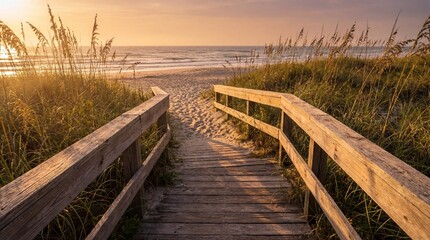 A serene wooden boardwalk leading to a tranquil beach at sunset with tall grasses on either side