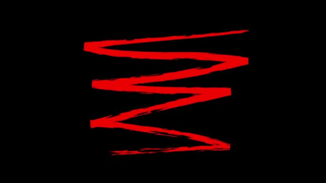 Red zigzag line drawn with brush on a black background, abstract artistic symbol, energetic motion, animated 4K video.
