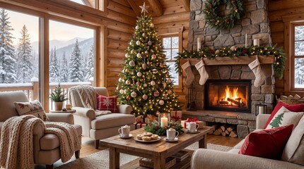 Cozy Christmas living room with lit fireplace, decorated tree, and snowy mountain view
