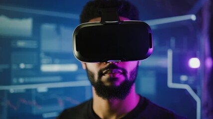 Male adult black person wearing a virtual reality headset. Immersed in a futuristic digital interface with neon light glow. Exploring augmented reality technology and innovation - Powered by Adobe