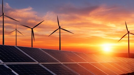 Sustainable energy shift concept. Solar Panels Reflecting Sunrise Light With Wind Turbines on Scenic Horizon at F8AF536C Standard V2
