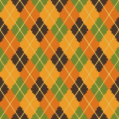 Seamless argyle pattern on dark brown and yellow, green, orange cream, repeat seamless pattern, clothes, fabric, textile, wrapping