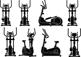 Blue and Black Silhouettes of Elliptical Trainer and Exercise Bike Vectors Collection for Home Gym Cardio Workout Equipment Design Element, Isolated on White.