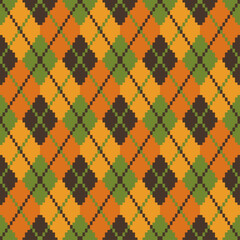 Seamless argyle pattern on dark brown and yellow, green, orange cream, repeat seamless pattern, clothes, fabric, textile, wrapping