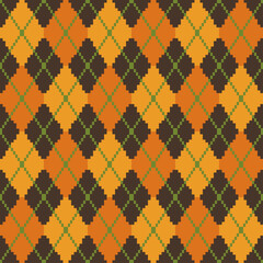Seamless argyle pattern on dark brown and yellow, green, orange cream, repeat seamless pattern, clothes, fabric, textile, wrapping