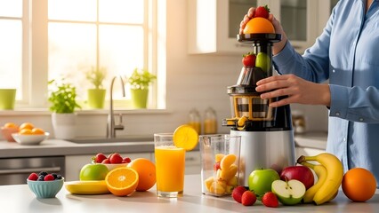 Woman juicing fresh fruits and vegetables for healthy orange juice in a modern kitchen.