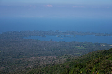 Many islands in lake aerial drone view