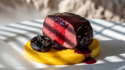 Elegant dark chocolate raspberry tart with fresh mango slice