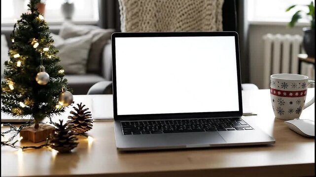 Cozy remote holiday work setup with laptop and glowing Christmas decorations