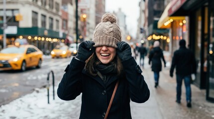 Young woman playing with winter cap on city street