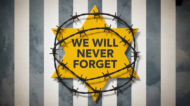 We Will Never Forget yellow Holocaust star with barbed wire on striped camp uniform, powerful Shoah remembrance symbol