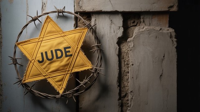 Yellow Star of David Jude badge on barbed wire wall, Holocaust Jewish persecution symbol, concentration camp history