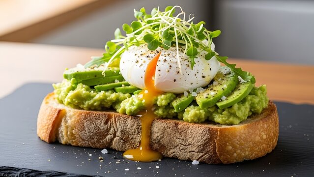Avocado toast with poached egg and microgreens breakfast