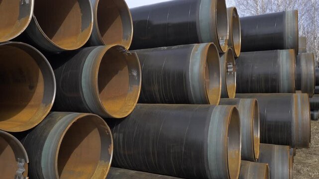 Large steel pipes stacked for pipeline construction outdoors.