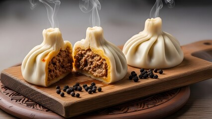 Fototapeta premium Steaming hot khinkali dumplings with spicy meat filling