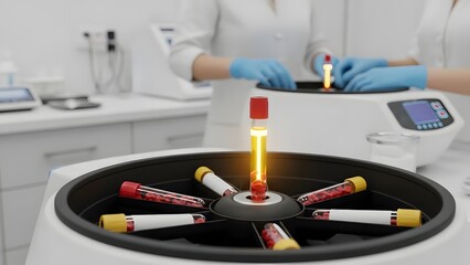 Laboratory scene with a centrifuge spinning blood samples in test tubes for analysis