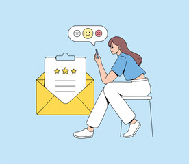Customer Satisfaction feedback illustration. Reading Mobile Customer Reviews. Online Feedback on a Smartphone. Flat vector.