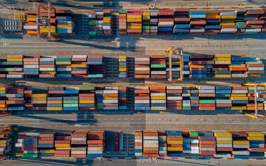 Top-down view of containers in the commercial port of Koper. Abstract aerial view of a key location for industry, the economy, and trade in Slovenia and Europe