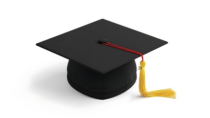 Traditional educational headwear: Black mortarboard with gold and red tassel, signifying completion and pride.
