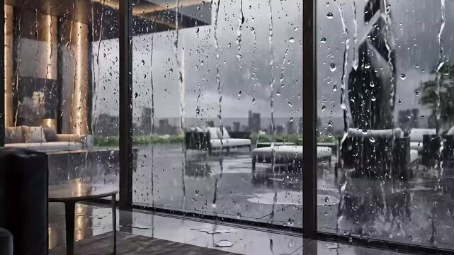 Luxury penthouse balcony rain storm cityscape view modern apartment interior cozy sofa contemplation moody atmosphere dramatic weather urban backdrop elegant furniture abstract sculpture