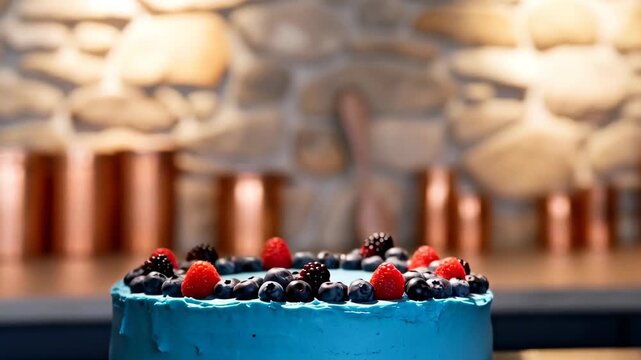 Close-up of a blue frosted cake decorated with fresh blueberries, raspberries, and blackberries arranged in a circular pattern. The cake is placed on a kitchen counter with blurred copper utensils and