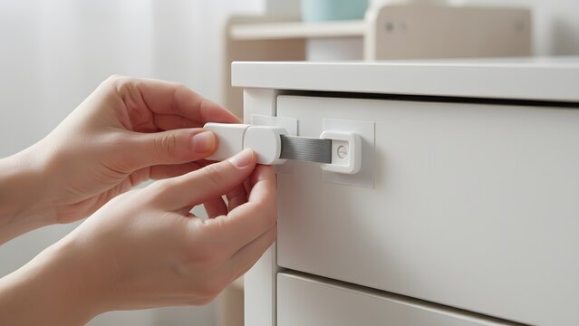 Hands securing a white child safety lock on a drawer or cabinet, protecting toddlers from accessing potentially harmful items.