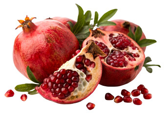 Ripe red pomegranate fruit split open to reveal dark seeds and succulent flesh with whole fruits behind emphasizing healthy antioxidants and organic superfood nutrition for health promotion visuals