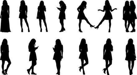 Female silhouette poses collection with mobile gestures, fashion stances, expressive body language, standing positions for design, modeling, and posture studies.