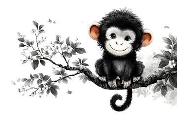 Cartoon monkey sitting peacefully on branch high resolution photo