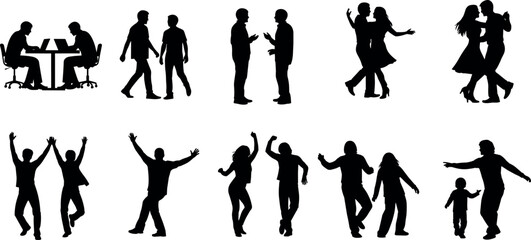 Silhouette people in various social activities including dancing, walking, working, celebrating, and interacting in dynamic human poses and gestures.