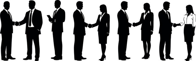Silhouetted business professionals shaking hands in corporate attire, symbolizing partnership, networking, agreement, teamwork, and professional collaboration in office setting.