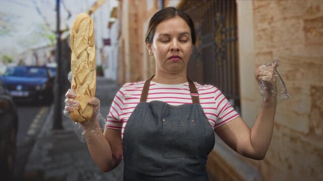 Woman holding a baguette with gloved hands on a street beside a building facade; indifference routine.
