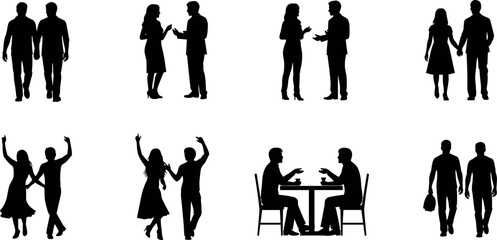 Silhouettes of diverse couples walking, talking, dancing, and socializing in various poses representing human interaction and relationship activities.