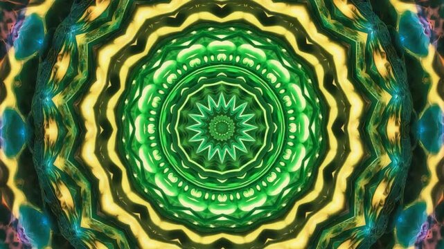 Vibrant abstract kaleidoscope pattern featuring intricate geometric shapes and a central starburst design. Dynamic visual effect with glowing energy and shifting colors