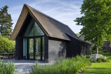 Obraz premium Modern house design in a green garden with trees and flowers during daylight hours, showcasing a unique thatched roof and large windows inviting natural light