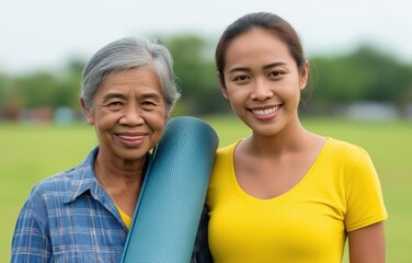 Obraz premium Mature mother and young adult daughter workout together in public park with yoga mat, promoting healthy lifestyle and happiness