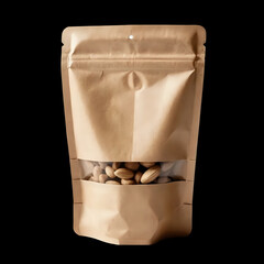 Kraft stand up pouch with clear window filled with natural pistachios