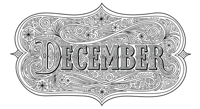 Intricate black and white Zentangle-style lettering of the word December, with detailed swirls and snowflakes for a coloring book.