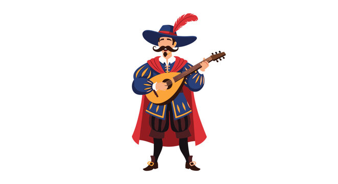 Cheerful medieval bard character in a colorful costume with a plumed hat and red cape, playing a traditional lute or mandolin.