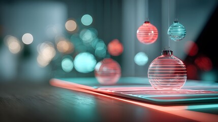 Minimal futuristic holiday desk scene with glowing red-and-green LED lines and floating hologram ornaments in a clean soft bokeh background