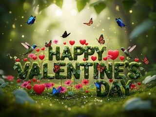 Naklejka premium Happy valentines day message in enchanted forest with butterflies and hearts